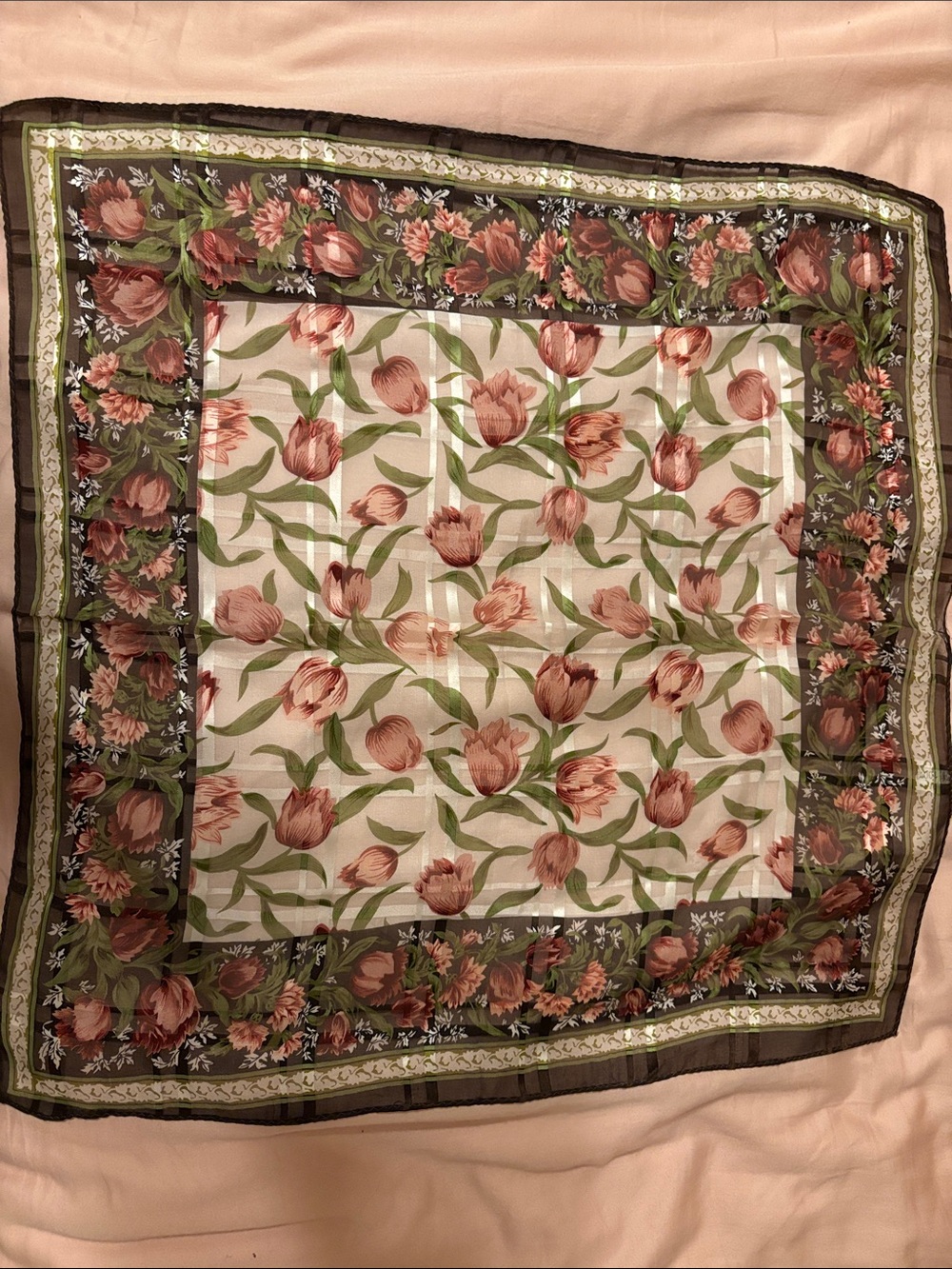 Silk Floral Tulip Scarf - Brown, Cream and Green